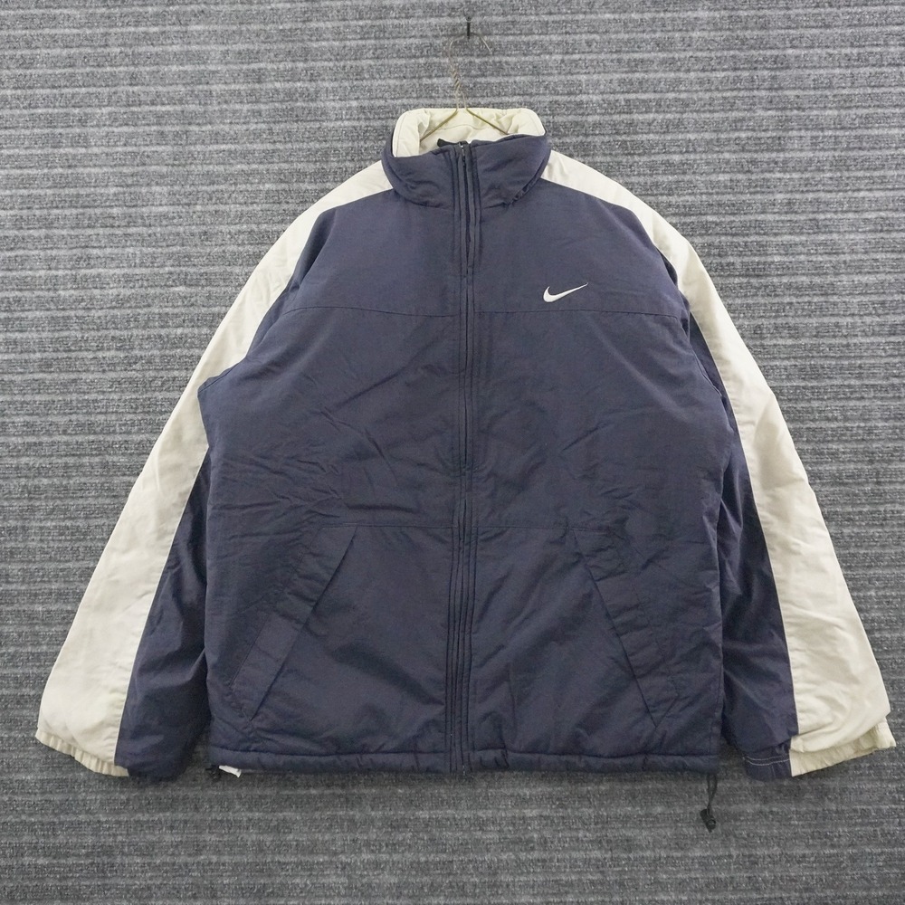 Vintage 00s Y2K Nike Puffer Jacket Mens L Navy Blue Cream Embroidered Swoosh